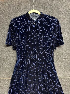 Vintage Maxi Dress Another Thyme 14 Blue Velvet Metallic Leaf Mandarin Collar